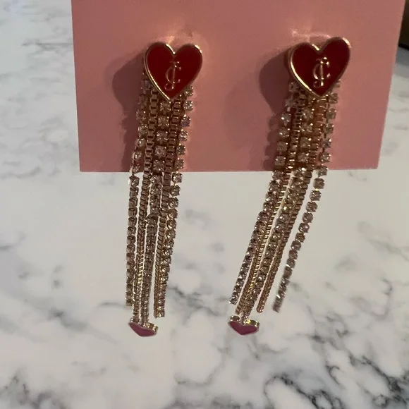 NEW JUICY COUTURE HEART JEWELED DANGLE EARRINGS NWT - Picture 2 of 4